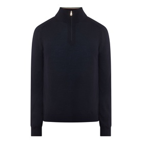 Paul Smith Half-Zip Regular-Fit Sweater in navy merino wool, funnel neck, gold zip detail, fine knit, long sleeves