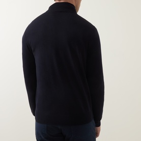 Model wearing Paul Smith Half-Zip Regular-Fit Sweater in navy merino wool, shown from behind, with funnel neck and half-zip detail visible.