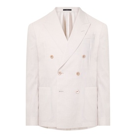 Paul Smith white double-breasted linen-wool blazer with peak lapels and gold buttons, flat lay.