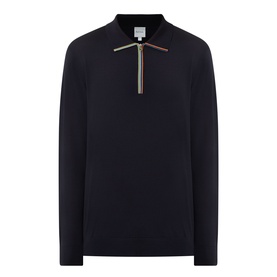 Paul Smith blue merino wool polo with signature stripe half-zip collar and long sleeves