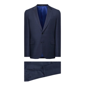 Paul Smith navy wool suit with notch lapels, two-button single-breasted jacket and tailored trousers, shown as flat lay