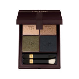 TOM FORD Runway Eye Colour Quad Cr&egrave;me eyeshadow palette with four shades: nude, olive green, dark teal, and black, with two applicators