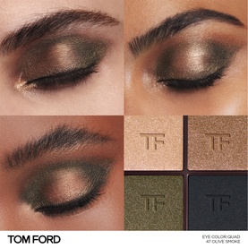 TOM FORD Runway Eye Colour Quad Cr&egrave;me in Olive Smoke, four-pan palette shown with eye look in smoky olive and gold tones