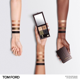 TOM FORD Runway Eye Colour Quad Cr&egrave;me palette shown open with swatches in olive and bronze tones on three models' arms