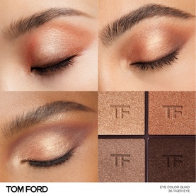 TOM FORD Runway Eye Colour Quad Cr&egrave;me eyeshadow palette in Tiger Eye, showing four warm bronze and brown shades with model eye looks