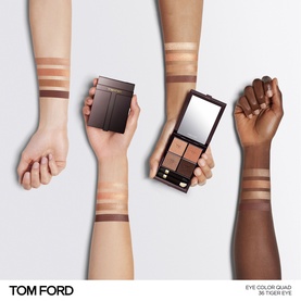 TOM FORD Runway Eye Colour Quad Cr&egrave;me eyeshadow palette shown open with mirror, swatched in warm brown shades across three skin tones