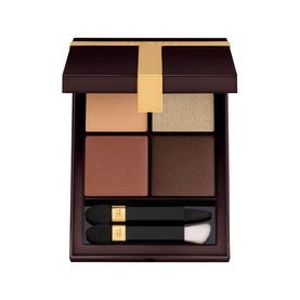 TOM FORD Runway Eye Colour Quad Poudre eyeshadow palette with four warm brown and gold shades, two applicators, in dark plum compact