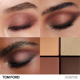 TOM FORD Runway Eye Colour Quad Poudre eyeshadow palette shown with two model eye looks and quad pan view in warm brown and gold shades