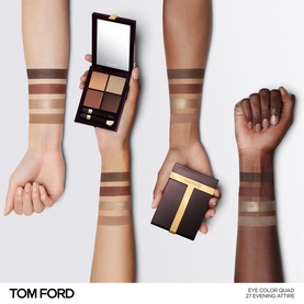TOM FORD Runway Eye Colour Quad Poudre in Evening Attire, shown open with mirror, warm brown shade swatches on three skin tones