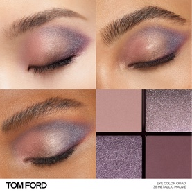 TOM FORD Runway Eye Colour Quad Poudre eyeshadow palette in metallic mauve tones, shown with two close-up eye looks and quad swatches