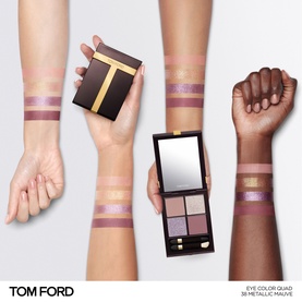 TOM FORD Runway Eye Colour Quad Poudre eyeshadow palette in metallic mauve, shown open with four shades and swatched on three skin tones