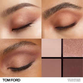 TOM FORD Runway Eye Colour Quad Poudre eyeshadow palette in warm mauve-brown tones, shown with two close-up eye looks and quad pan view