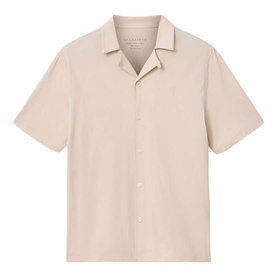 All Saints short-sleeve camp collar shirt in Birch White with chest logo embroidery and button-front placket