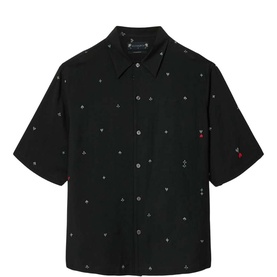 All Saints black short-sleeve shirt with small embroidered motifs, point collar, and chest pocket detail