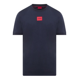 Hugo navy crew neck T-shirt with signature red logo label at chest, short sleeves, in 100% cotton