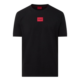 Hugo black cotton T-shirt with crew neck and signature red logo patch at chest centre