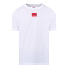 Hugo white cotton T-shirt with short sleeves, crew neck, and red logo label at centre chest