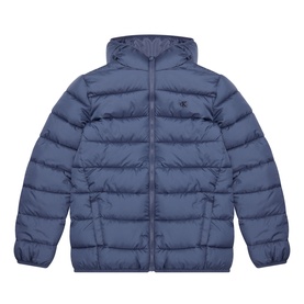 Calvin Klein blue children's quilted puffer coat with hood, zip fastening, and small logo detail on chest