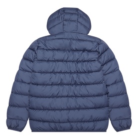 Calvin Klein children's blue quilted hooded puffer coat, back view, showing hood and channel stitching detail