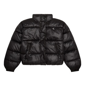 Calvin Klein children's black quilted puffer jacket with zip fastening, ribbed cuffs, and logo badge on chest