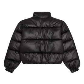 Calvin Klein children's black faux leather puffer jacket, back view, quilted panels, funnel neck, elasticated cuffs