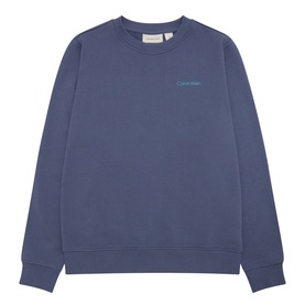 Calvin Klein blue cotton crew neck sweat top for children, with small teal logo print on chest, no model