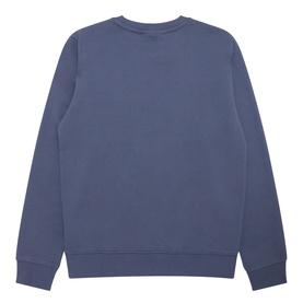 Calvin Klein children's blue cotton sweat top, rear view showing ribbed cuffs and hem, crew neck, relaxed fit