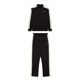 Calvin Klein children's black tracksuit set with ivory side stripe detail, zip-up track jacket and elasticated joggers