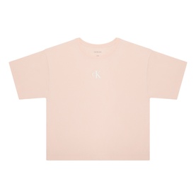 Calvin Klein children's pink cotton T-shirt with small chest logo, short sleeves and relaxed fit, flat lay view.