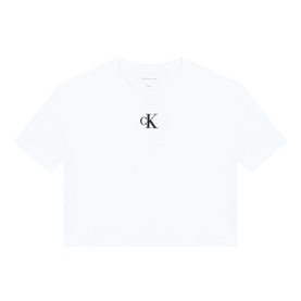 Calvin Klein children's white cotton cropped T-shirt with central CK monogram logo print, short sleeves