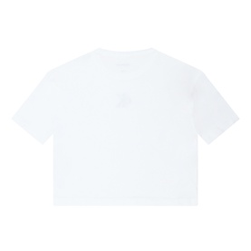 Calvin Klein children's white cotton T-shirt, back view, plain design with subtle logo, cropped boxy fit.