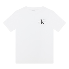 Calvin Klein children's white cotton T-shirt with small CK monogram logo print on chest, crew neck and short sleeves