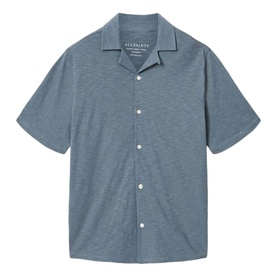 AllSaints lunar blue short-sleeve camp collar shirt with button placket and chest logo detail