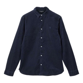 All Saints sapphire blue corduroy shirt with button-down collar, chest logo embroidery, and white buttons.