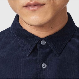 All Saints sapphire blue corduroy shirt close-up showing collar and button placket detail