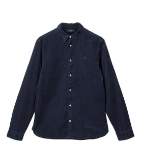 All Saints sapphire blue corduroy shirt with button-down collar, chest logo embroidery, and white buttons.