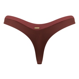 Tala Deep Rust bikini bottoms in thong style with gold logo detail, smooth polyamide fabric