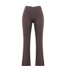 Tala Mocha Brown leggings with V-waistband and flared leg, flat lay shot showing stretch fabric silhouette