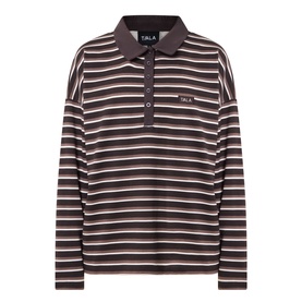 Tala Striped Logo Rugby Top in mocha brown with polo collar, front button fastenings, long sleeves and logo patch detail