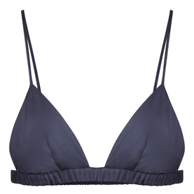 The Frankie Shop navy triangle bikini top with thin adjustable straps and elasticated band, flat lay