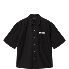 All Saints Orca Black short sleeve oversized shirt with white logo print to chest, button-front fastening