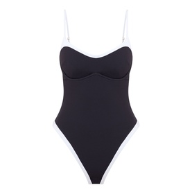 Tala Contrast Trim Swimsuit in Shadow Black, one-piece with white contrast trim, soft V-neckline and slim adjustable shoulder straps