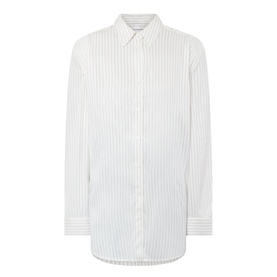 The Frankie Shop shirt in white and black stripe, relaxed oversized fit, long sleeves, classic collar, button-front fastening