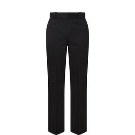 Dickies black casual trousers in polyester-cotton blend, straight leg with front crease and belt loops, flat lay view.