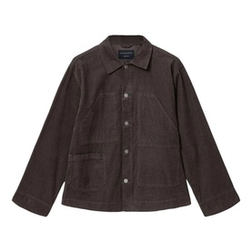 All Saints dark brown corduroy overshirt jacket with spread collar, chest pockets, and snap button fastening