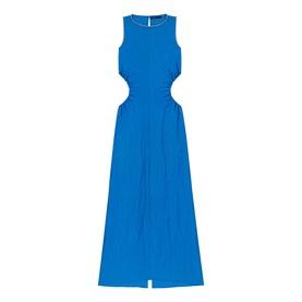 Blue sleeveless maxi dress with cut-out waist detail, crew neckline, front split, and zip back fastening