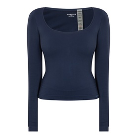 Adanola navy blue long-sleeve top with scoop neckline and fitted silhouette, 90% nylon stretch fabric