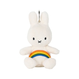 Bon Ton Miffy rainbow keyring in cream corduroy with multicoloured rainbow motif and silver clip attachment
