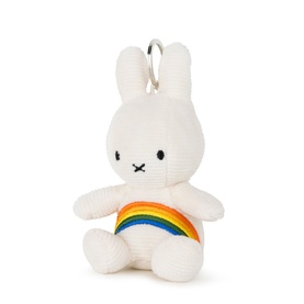 Bon Ton Miffy rainbow key ring, white corduroy bunny charm with multicolour rainbow motif and silver clip fastening