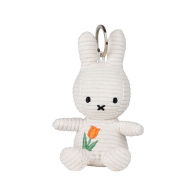 Bon Ton Miffy white corduroy bunny keyring with orange tulip embroidery and silver clip, small plush toy